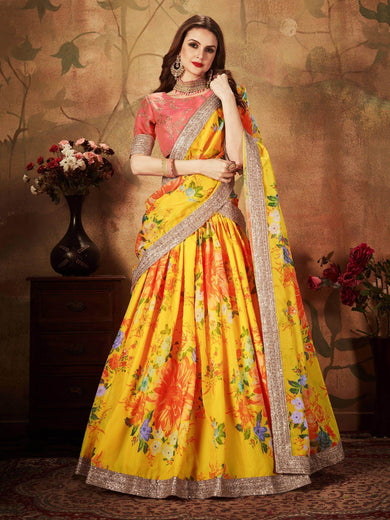 Yellow-Peach Floral Digital Printed Organza Bridal Lehenga Choli